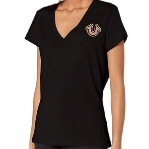 True Religion | Glitter Logo V Neck Black and Gold Short Sleeve Tee
